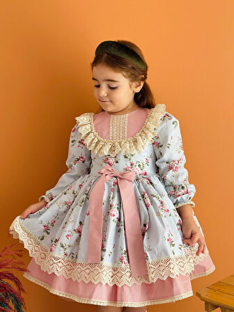 Mavi Çiçekli Önü Fiyonklu Vintage Elbise, Özel Dikim Çocuk Elbisesi, Doğum günü elbisesi,0-12 Yaşa Uygun