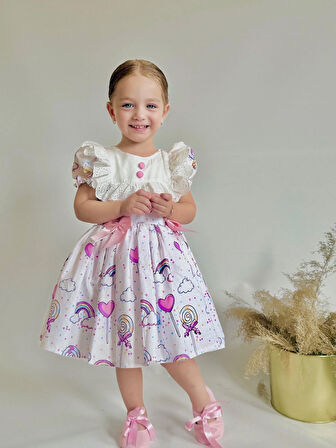 Lolipop Beyaz Kız Bebek Elbise,Doğum günü elbise,fotoğraf çekim elbise,0-12 Yaş Uygun