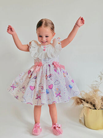 Lolipop Beyaz Kız Bebek Elbise,Doğum günü elbise,fotoğraf çekim elbise,0-12 Yaş Uygun