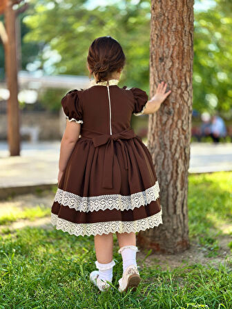 Verona Kahverengi Vintage Kız Bebek Elbisesi, Doğum günü elbisesi, fotoğraf çekim elbisesi,0-13 Yaşa Uygun