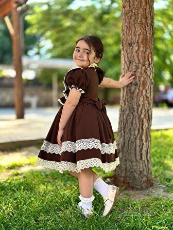 Verona Kahverengi Vintage Kız Bebek Elbisesi, Doğum günü elbisesi, fotoğraf çekim elbisesi,0-13 Yaşa Uygun