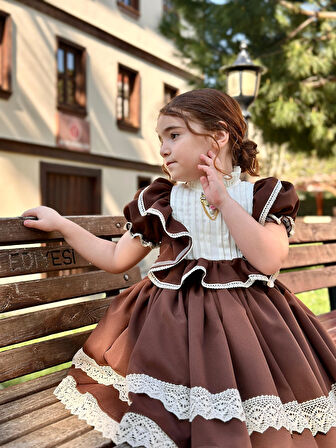 Verona Kahverengi Vintage Kız Bebek Elbisesi, Doğum günü elbisesi, fotoğraf çekim elbisesi,0-13 Yaşa Uygun