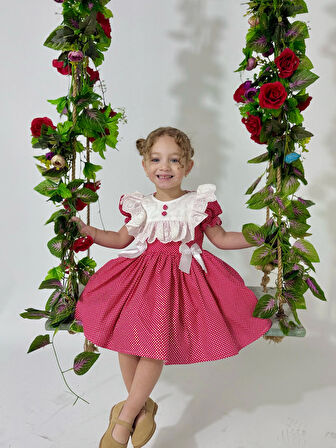 Defne Kırmızı Düğmeli Vintage Kız Bebek Elbise,Doğum günü elbise,fotoğraf çekim elbise,0-7 Yaş Uygun