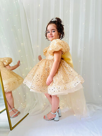 Altın Sarısı Taşlı Vintage Kız Bebek Elbise,Doğum günü elbise,fotoğraf çekim elbise,1-11 Yaş Uygun
