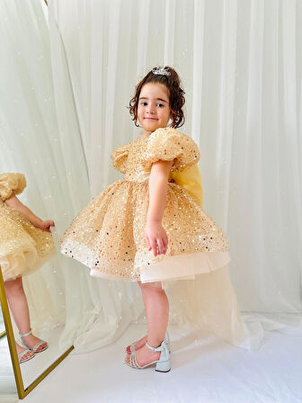 Altın Sarısı Taşlı Vintage Kız Bebek Elbise,Doğum günü elbise,fotoğraf çekim elbise,1-11 Yaş Uygun