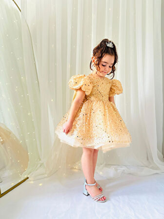 Altın Sarısı Taşlı Vintage Kız Bebek Elbise,Doğum günü elbise,fotoğraf çekim elbise,1-11 Yaş Uygun