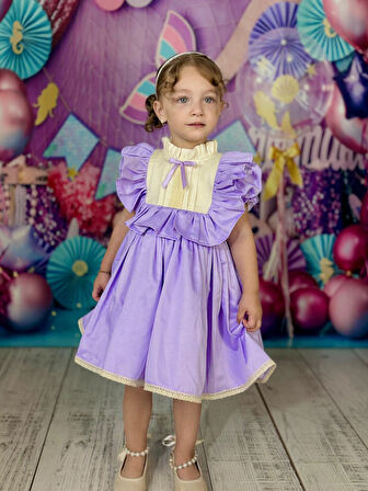 Defne Lila Fiyonklu Vintage Kız Bebek Elbise,Doğum günü elbise,fotoğraf çekim elbise,0-7 Yaş Uygun
