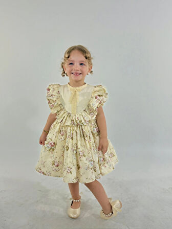 Defne Krem Çiçekli Vintage Kız Bebek Elbise,Doğum günü elbise,fotoğraf çekim elbise,0-7 Yaş Uygun