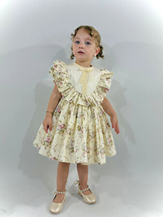 Defne Krem Çiçekli Vintage Kız Bebek Elbise,Doğum günü elbise,fotoğraf çekim elbise,0-7 Yaş Uygun