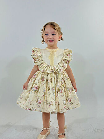 Defne Krem Çiçekli Vintage Kız Bebek Elbise,Doğum günü elbise,fotoğraf çekim elbise,0-7 Yaş Uygun