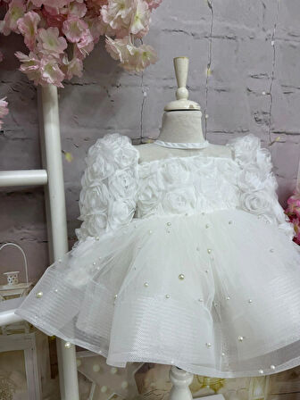 Kardelen İnci Uzun Kollu Kız Bebek Elbise,Doğum günü elbise,fotoğraf çekim elbise,0-13 Yaş Uygun