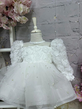 Kardelen İnci Uzun Kollu Kız Bebek Elbise,Doğum günü elbise,fotoğraf çekim elbise,0-13 Yaş Uygun