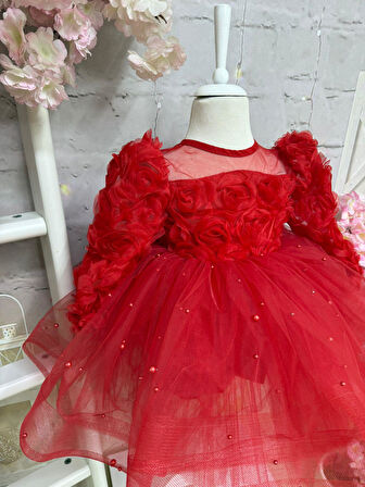 Kırmızım Karanfil Vintage Kız Bebek Elbise,Doğum günü elbise,fotoğraf çekim elbise,0-12 Yaş Uygun