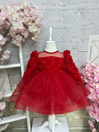 Kırmızım Karanfil Vintage Kız Bebek Elbise,Doğum günü elbise,fotoğraf çekim elbise,0-12 Yaş Uygun