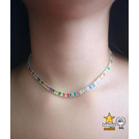 316 L Silver Zirkon Taşlı Baget Çok Renkli Su Yolu Kolye - HMÇK-0045
