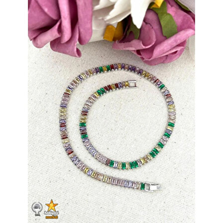 316 L Silver Zirkon Taşlı Baget Çok Renkli Su Yolu Kolye - HMÇK-0045