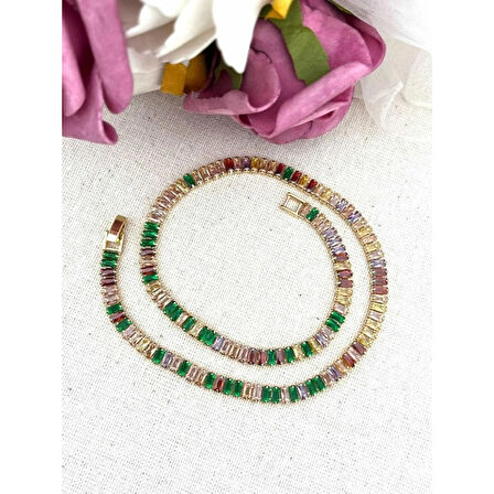 316 L Gold Zirkon Taşlı Baget Çok Renkli Su Yolu Kolye - HMÇK-0046
