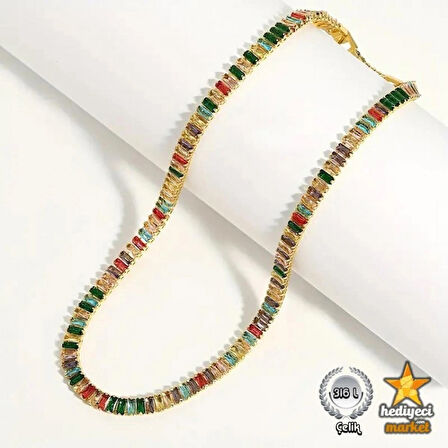 316 L Gold Zirkon Taşlı Baget Çok Renkli Su Yolu Kolye - HMÇK-0046