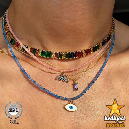 316 L Gold Zirkon Taşlı Baget Çok Renkli Su Yolu Kolye - HMÇK-0046
