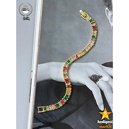 Renkli Baget Zirkon Taşlı Su Yolu Çelik Bileklik - HMÇB-0060