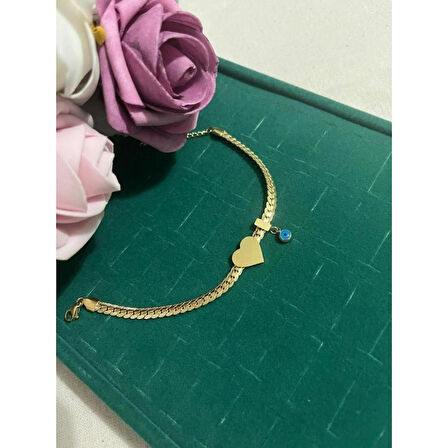 316 L Çelik Gold Yassı Zincir Model Kalp Figür Nazar Boncuk Detay Çelik Kadın Bileklik - HMÇB-0078
