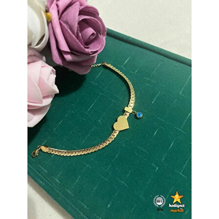 316 L Çelik Gold Yassı Zincir Model Kalp Figür Nazar Boncuk Detay Çelik Kadın Bileklik - HMÇB-0078