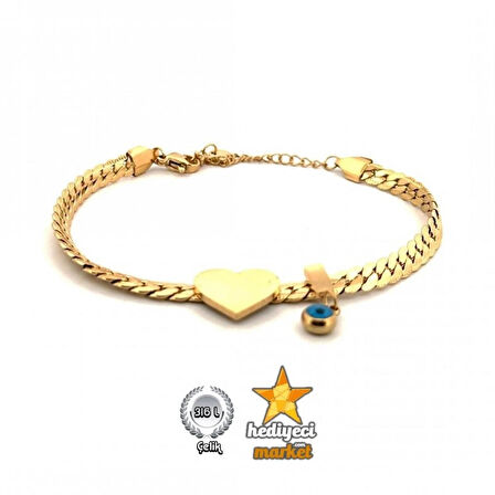 316 L Çelik Gold Yassı Zincir Model Kalp Figür Nazar Boncuk Detay Çelik Kadın Bileklik - HMÇB-0078