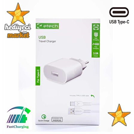 ETECH ETC-011 3.0A 15W / 18W TYPE-C Hızlı Şarj Cihazı Seti