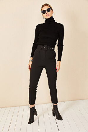 Tomirosss Kadın Siyah Havuç Paça Yüksek Bel Kemerli Kumaş Pantolon HM-8373