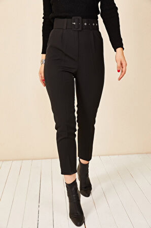 Tomirosss Kadın Siyah Havuç Paça Yüksek Bel Kemerli Kumaş Pantolon HM-8373