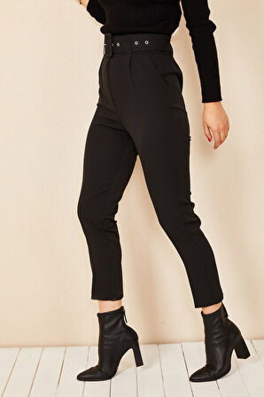 Tomirosss Kadın Siyah Havuç Paça Yüksek Bel Kemerli Kumaş Pantolon HM-8373