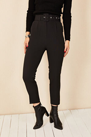 Tomirosss Kadın Siyah Havuç Paça Yüksek Bel Kemerli Kumaş Pantolon HM-8373