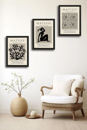 Henri Matisse 3'lü Alüminyum Çerçeveli Poster Seti - Önden Açılır A3 Açılır Kapanır Çerçeve Seti Siyah Beyaz Minimalist