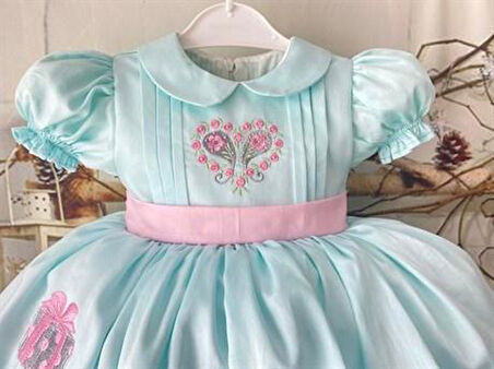 Kalp Desenli Mavi Kız Bebek Elbisesi, Özel Dikim Kız Çocuk Elbisesi, Doğum günü elbisesi, fotoğraf çekim elbisesi, Kız Bebek Hediyesi, 0-12 Yaşa Uygun