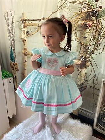 Kalp Desenli Mavi Kız Bebek Elbisesi, Özel Dikim Kız Çocuk Elbisesi, Doğum günü elbisesi, fotoğraf çekim elbisesi, Kız Bebek Hediyesi, 0-12 Yaşa Uygun