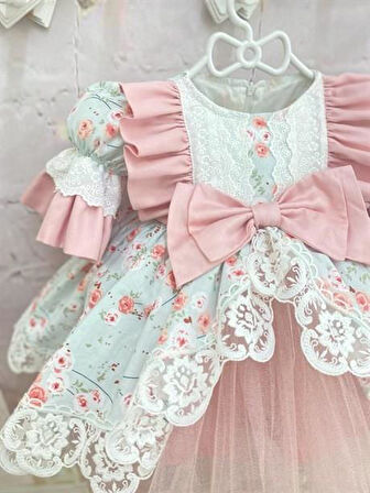 Somon Mint Çiçekli Vintage Elbise, Özel Dikim,Doğum günü ,fotoğraf çekimi,0-12 Yaşa Uygun