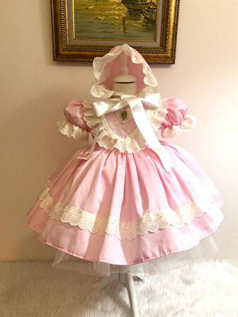Pembe Saten Vintage Kız Bebek Elbisesi, Özel Dikim Kız Çocuk Elbisesi, Doğum günü elbisesi, fotoğraf çekim elbisesi, Kız Bebek Hediyesi, 0-12 Yaşa Uygun