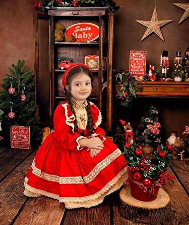 Kırmızı Krem Vintage Kız Bebek Elbisesi, Özel Dikim Kız Çocuk Elbisesi, Doğum günü elbisesi, fotoğraf çekim elbisesi, Kız Bebek Hediyesi, 0-12 Yaşa Uygun