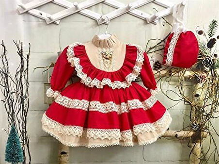 Kırmızı Krem Vintage Kız Bebek Elbisesi, Özel Dikim Kız Çocuk Elbisesi, Doğum günü elbisesi, fotoğraf çekim elbisesi, Kız Bebek Hediyesi, 0-12 Yaşa Uygun