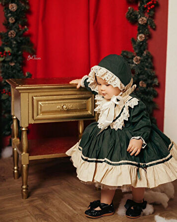 Yeşil Latte Vintage Kız Bebek Elbisesi, Özel Dikim Kız Çocuk Elbisesi, Doğum günü elbisesi, fotoğraf çekim elbisesi, Kız Bebek Hediyesi, 0-12 Yaşa Uygun
