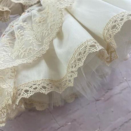 Krem Çiçekli Takım Vintage Kız Bebek Elbise,Doğum günü elbiseSİ