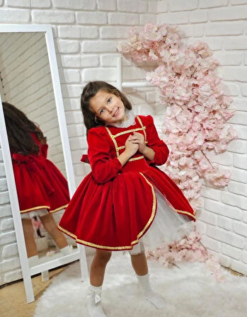 Kırmızı Kadife Ekose Kız Bebek Elbisesi, Özel Dikim Kız Çocuk Elbisesi, Doğum günü elbisesi, fotoğraf çekim elbisesi, Kız Bebek Hediyesi, 0-12 Yaşa Uygun