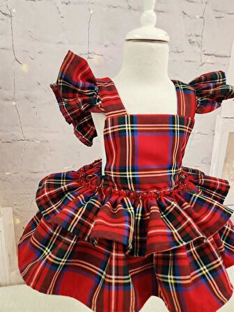 Kırmızı Ekose Romper Kız Bebek Elbisesi, Özel Dikim Kız Çocuk Elbisesi, Doğum günü elbisesi, fotoğraf çekim elbisesi, Kız Bebek Hediyesi, 0-2 Yaşa Uygun