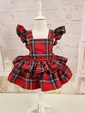 Kırmızı Ekose Romper Kız Bebek Elbisesi, Özel Dikim Kız Çocuk Elbisesi, Doğum günü elbisesi, fotoğraf çekim elbisesi, Kız Bebek Hediyesi, 0-2 Yaşa Uygun