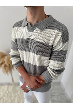 RAHAT KALIP ERKEK POLO YAKA ÇİZGİLİ TRİKO KAZAK