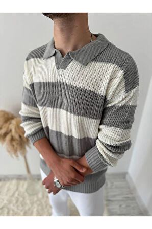 RAHAT KALIP ERKEK POLO YAKA ÇİZGİLİ TRİKO KAZAK