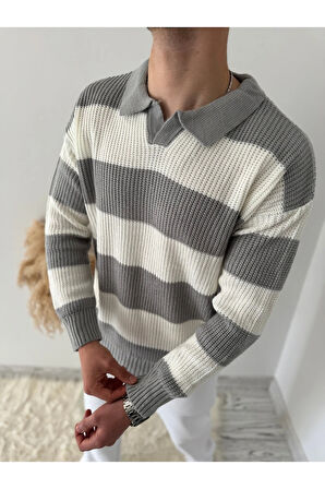 RAHAT KALIP ERKEK POLO YAKA ÇİZGİLİ TRİKO KAZAK