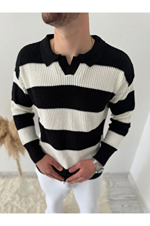 RAHAT KALIP ERKEK POLO YAKA ÇİZGİLİ TRİKO KAZAK