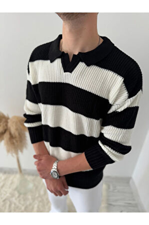 RAHAT KALIP ERKEK POLO YAKA ÇİZGİLİ TRİKO KAZAK