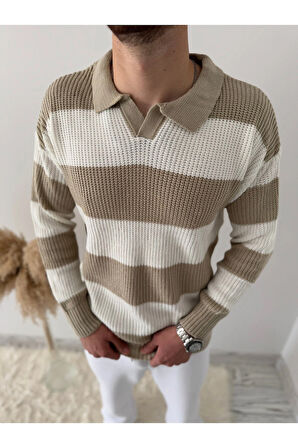 RAHAT KALIP ERKEK POLO YAKA ÇİZGİLİ TRİKO KAZAK